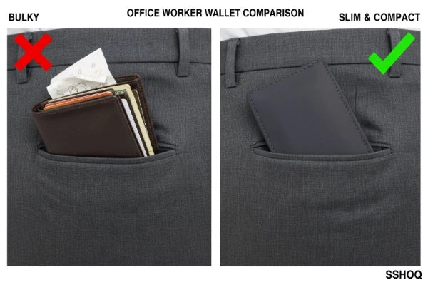 Comparison of bulky and slim wallets in an office worker's pocket.